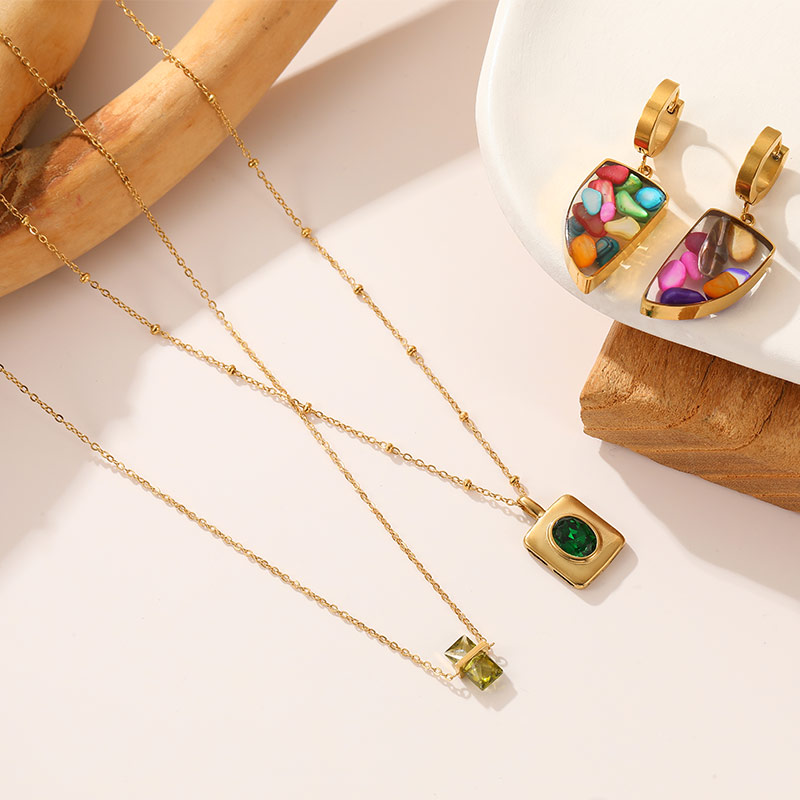 Factory Price Colorful Filled Earrings and Square Pendant Necklace E1470-GO