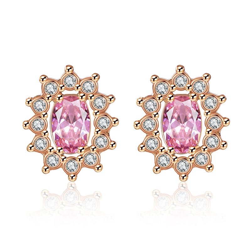 Factory Price Sunflower Look Inlaid Green Pink Oval Zircon Stud Earrings E1476