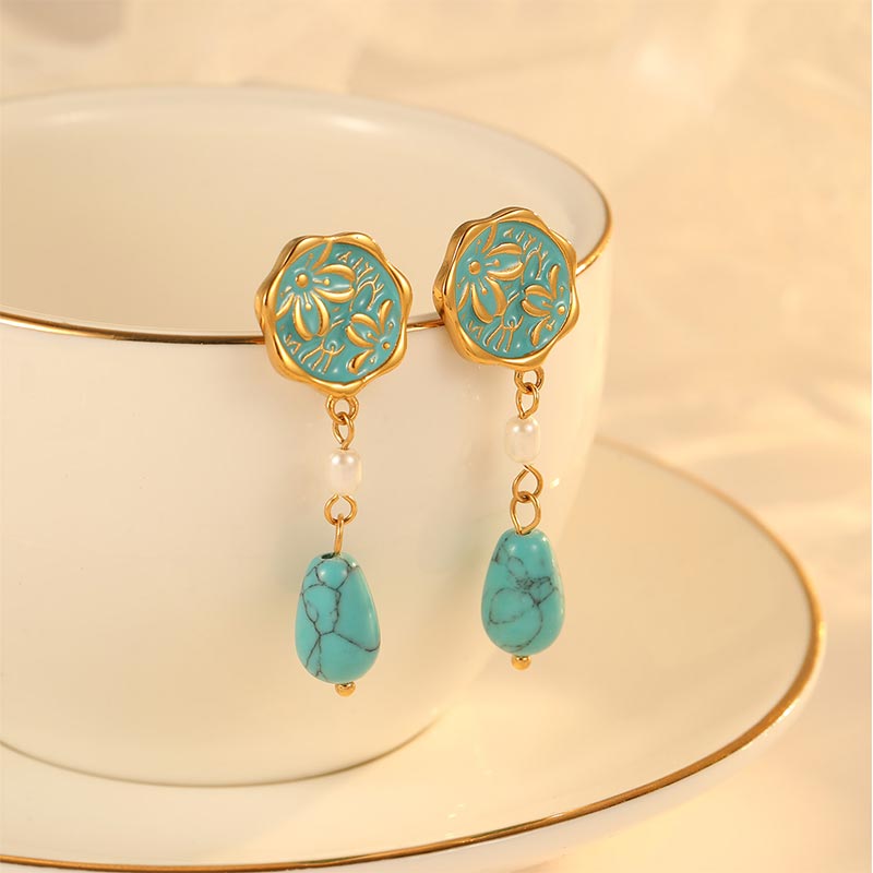 Customized Natural Ore Turquoise Vintage Pearl Earrings E1480-GO
