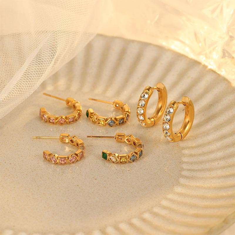 Custom Cubic Sparkling Zircon Crystal Diamond Gold Round Stainless Steel Earrings E1495-GO