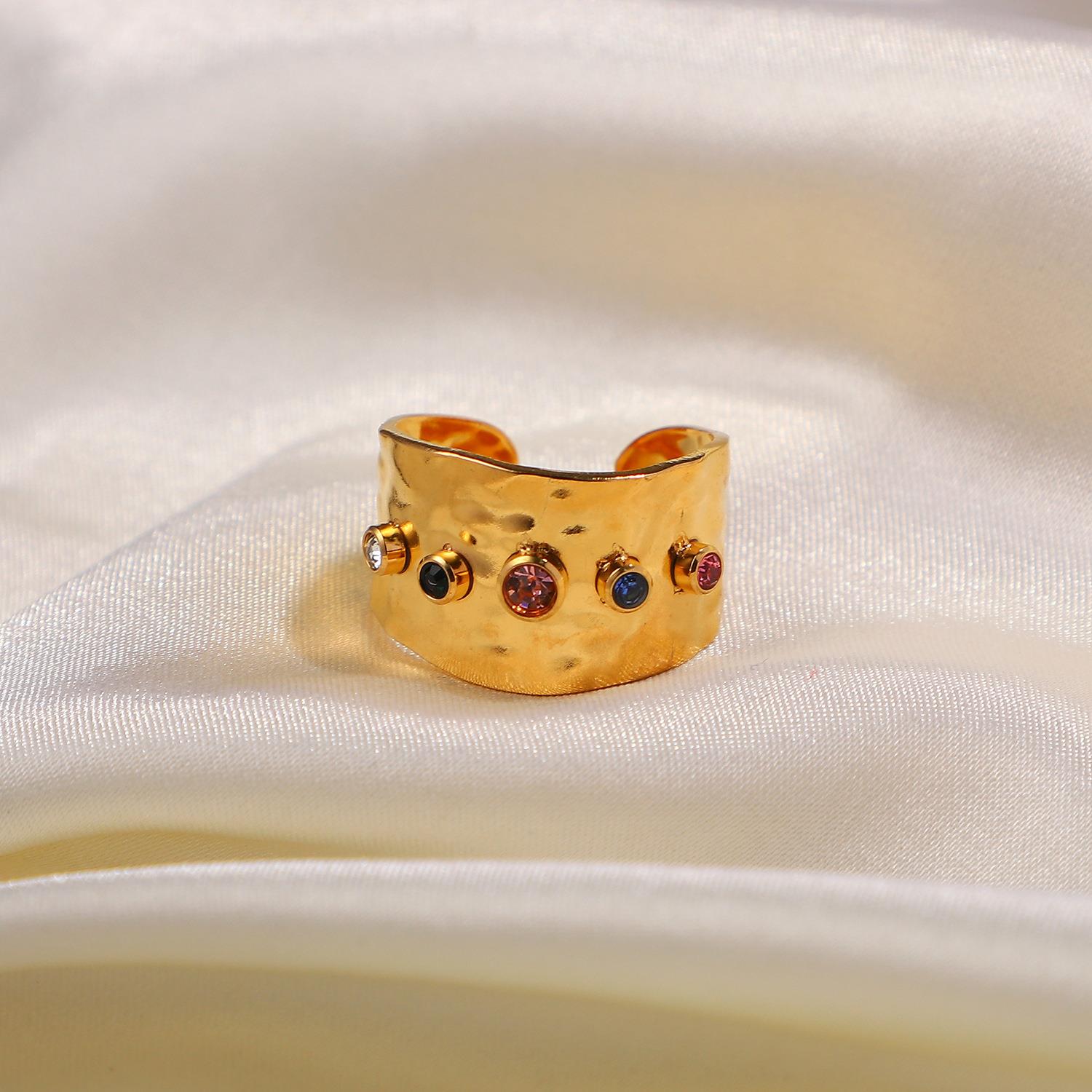 18K Gold Plated Adjustable Wide Band Ring with Zircon For Women