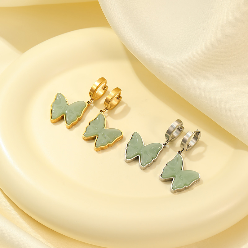 Stainless steel retro temperament green stone butterfly earrings metal hoop wholesaling earrings