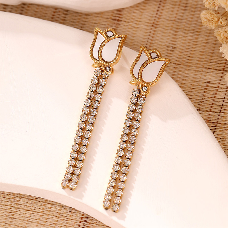 2023 New flower zircon long tassel style 18k gold-plated stainless steel earring for women