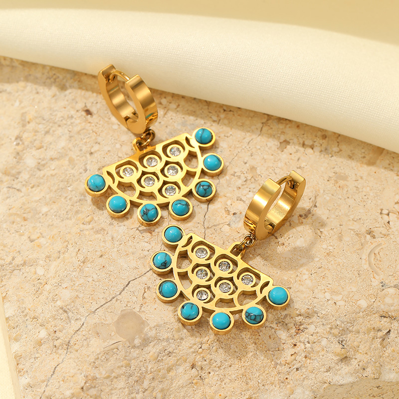 New stainless steel turquoise round zircon earrings ancient hollow fan design hoop earrings
