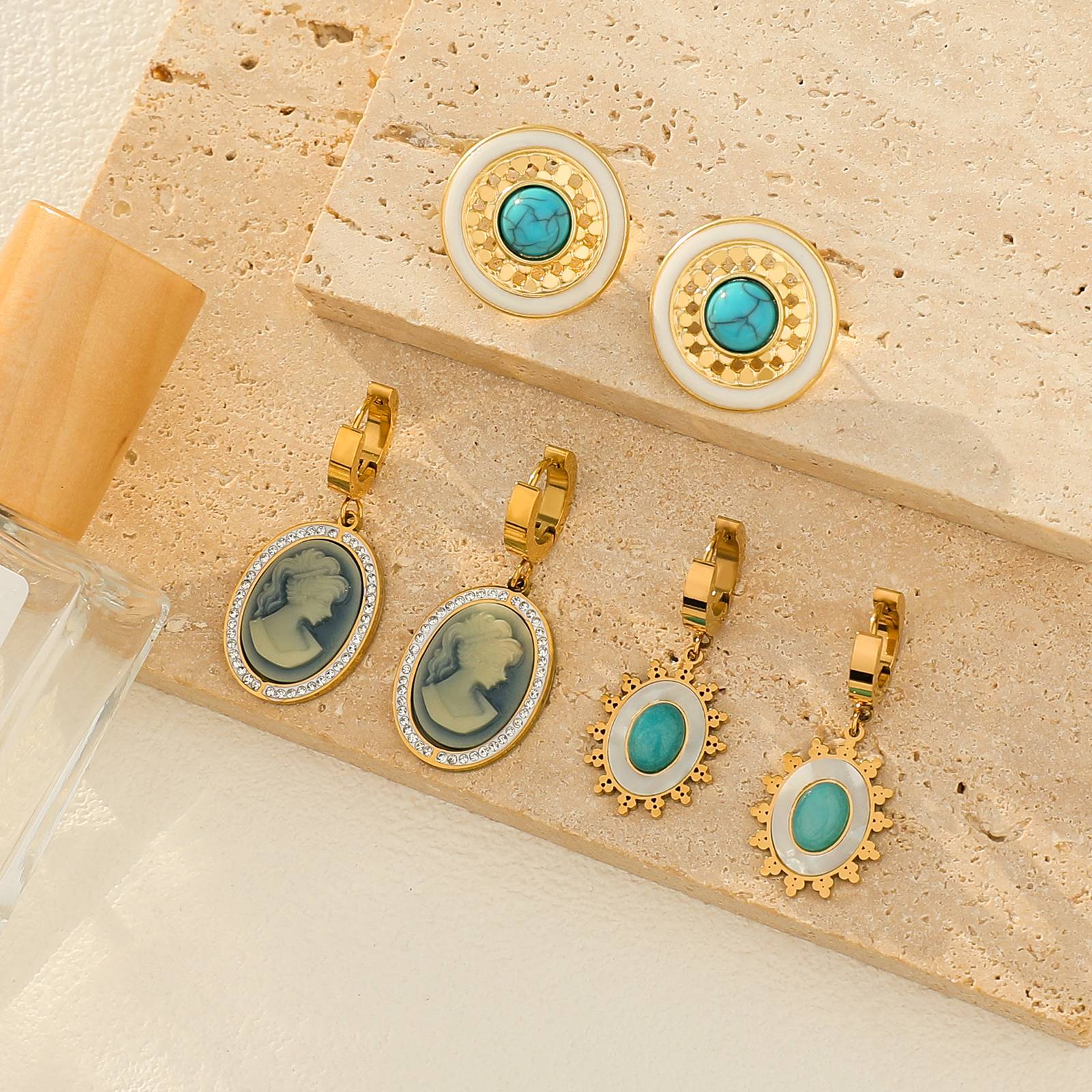 Vintage Style Stainless Steel Copper Turquoise Gold Plated Earrings