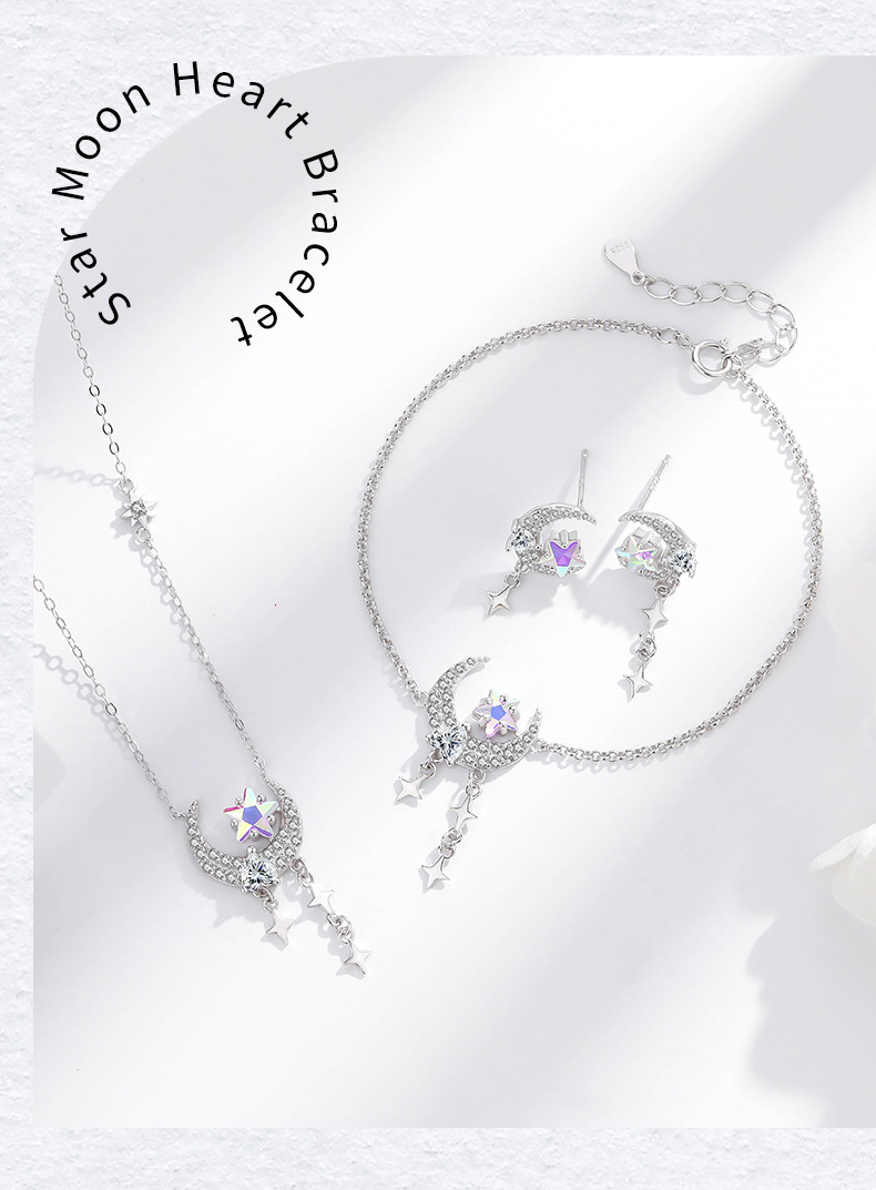 Gift Jewelry Stars Moon Charm Bracelet 925 Sterling Silver Jewelry Gift SB-120-WG