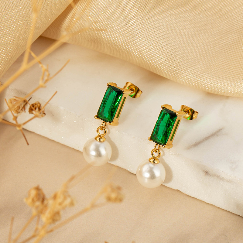 Custom green zircon pearl pendant stud earrings