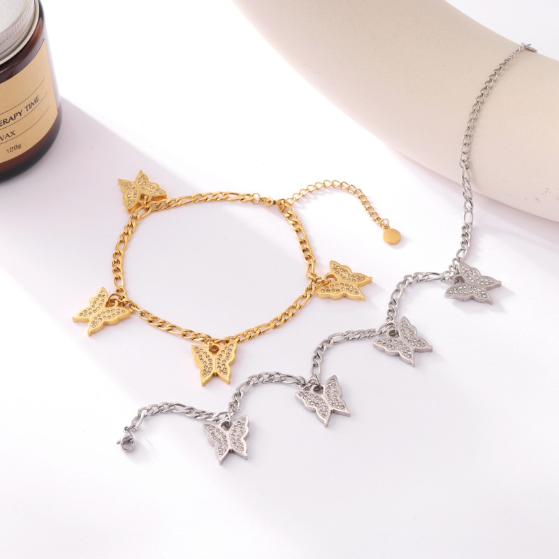 Stainless Steel Anklet Womens Anklet Butterfly with Cubic Zirconia Gold Foot Jewelry