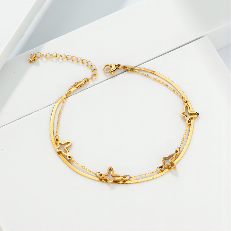 316L Stainless Steel Double Chain  Anklet For Women 18K Gold Snake Chain Butterfly Anklet