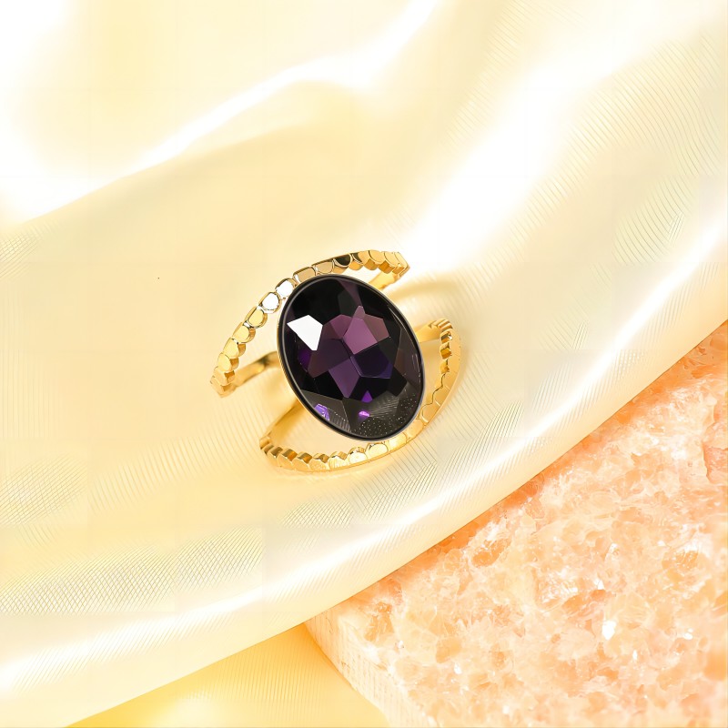 Women Natural Amethyst Stone Ring Stainless Steel Ring 18K Gold Plated Ring