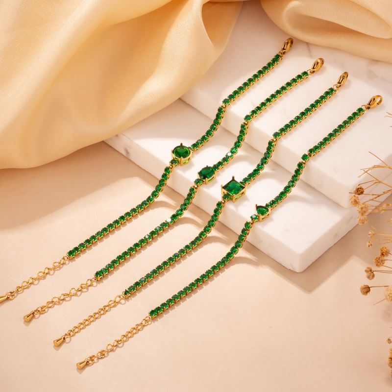 18K Gold PVD Stainless Steel Tennis Bracelet Women's Green Cubic Zirconia Bracelet Jewelry