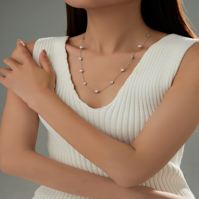 Newest elegant 925 silver zircon pearl chain necklace