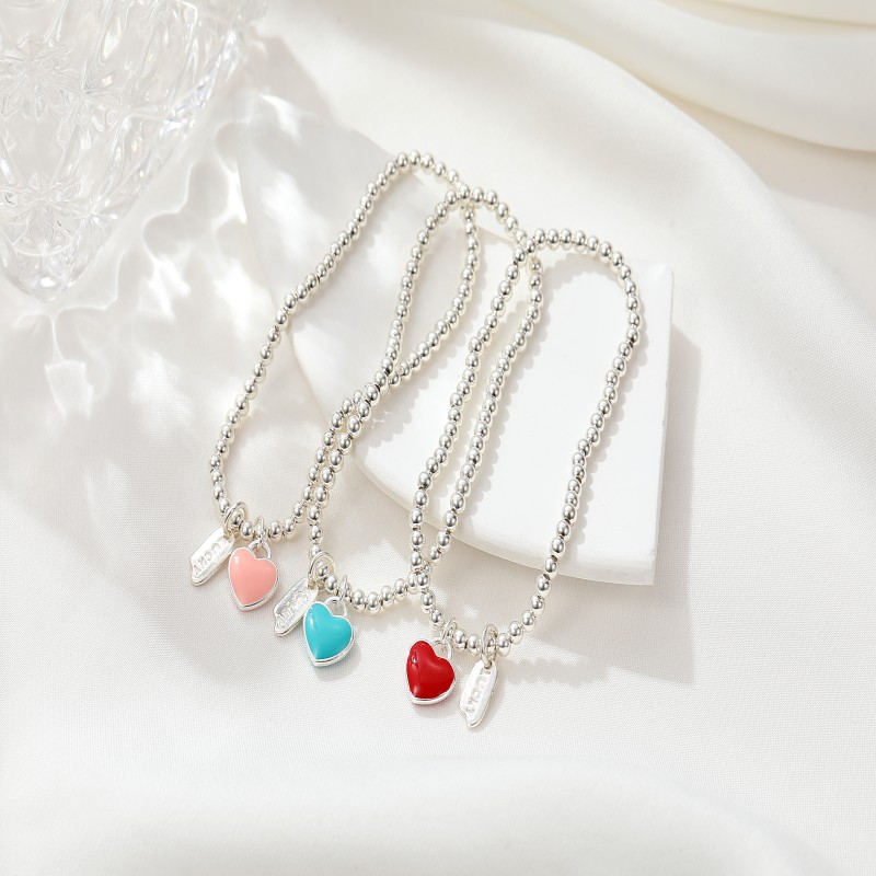Custom shining silver bead enamel heart lucky tail tag bracelet