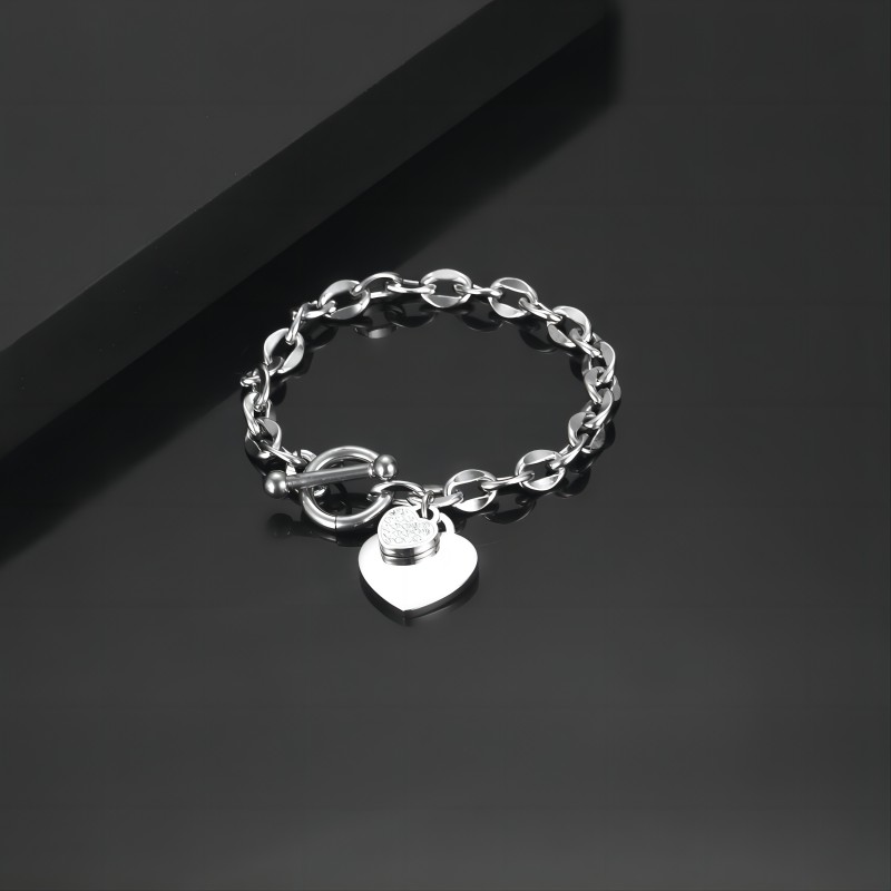 Stainless Steel Heart Shaped With Zircon Pendant OT Clasp Link Chain Bracelet For Girl And Women