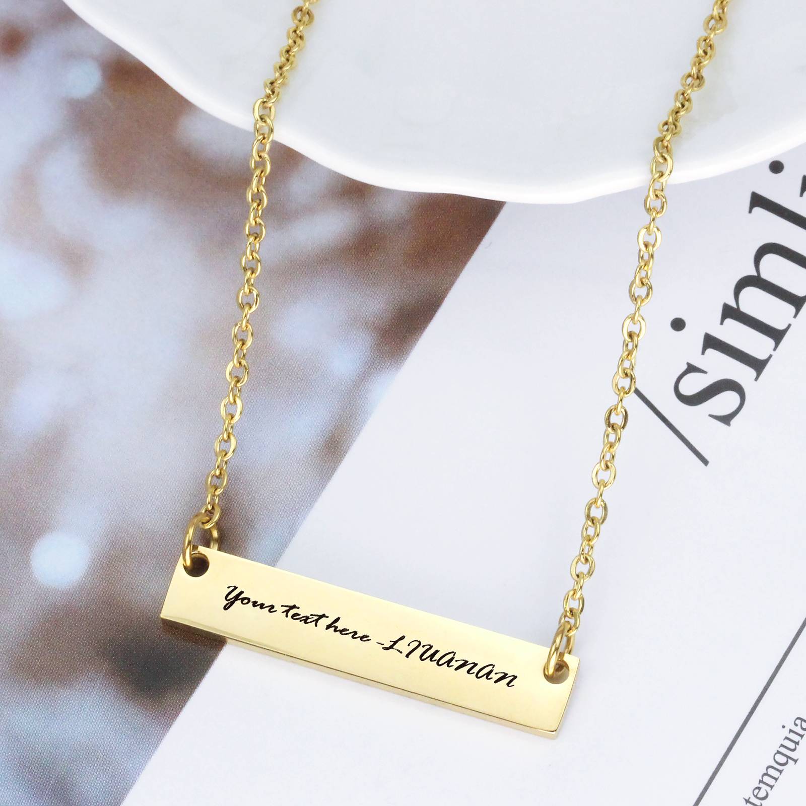 Personalized Engraved Letters Stainless Steel Pendant Bar Necklace