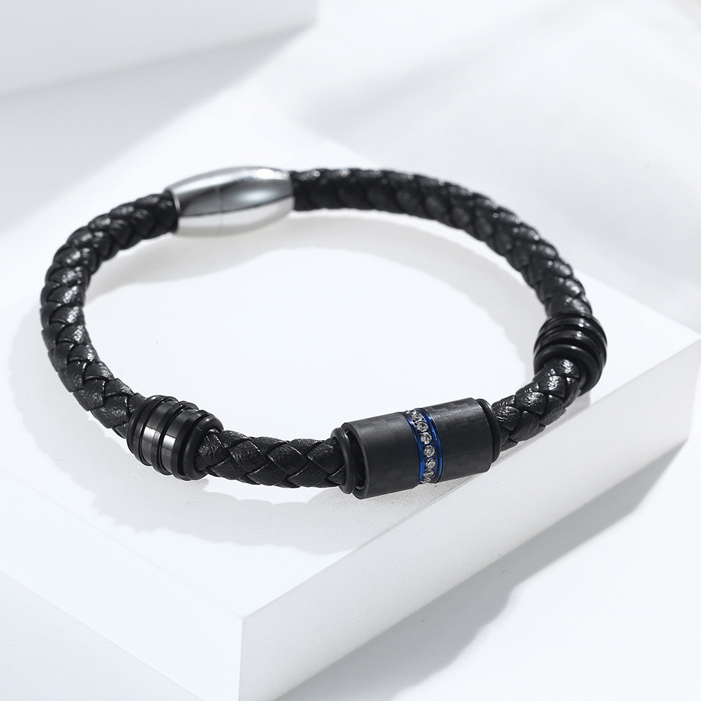 Men's carbon fiber cowhide zircon magnetic bracelet