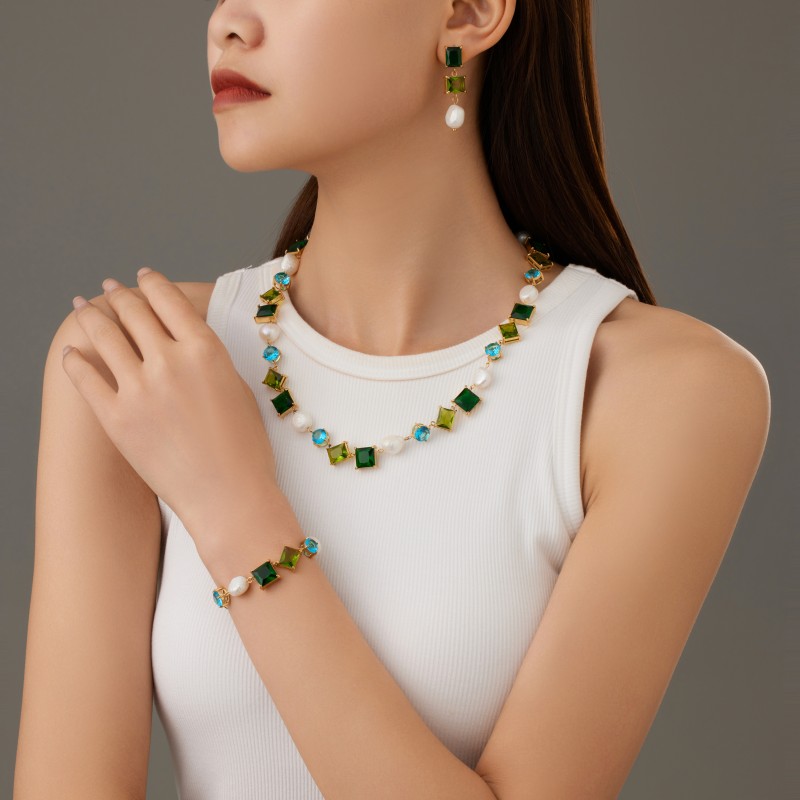 Summer luxury shiny green zircon pearl earrings bracelet necklace collection