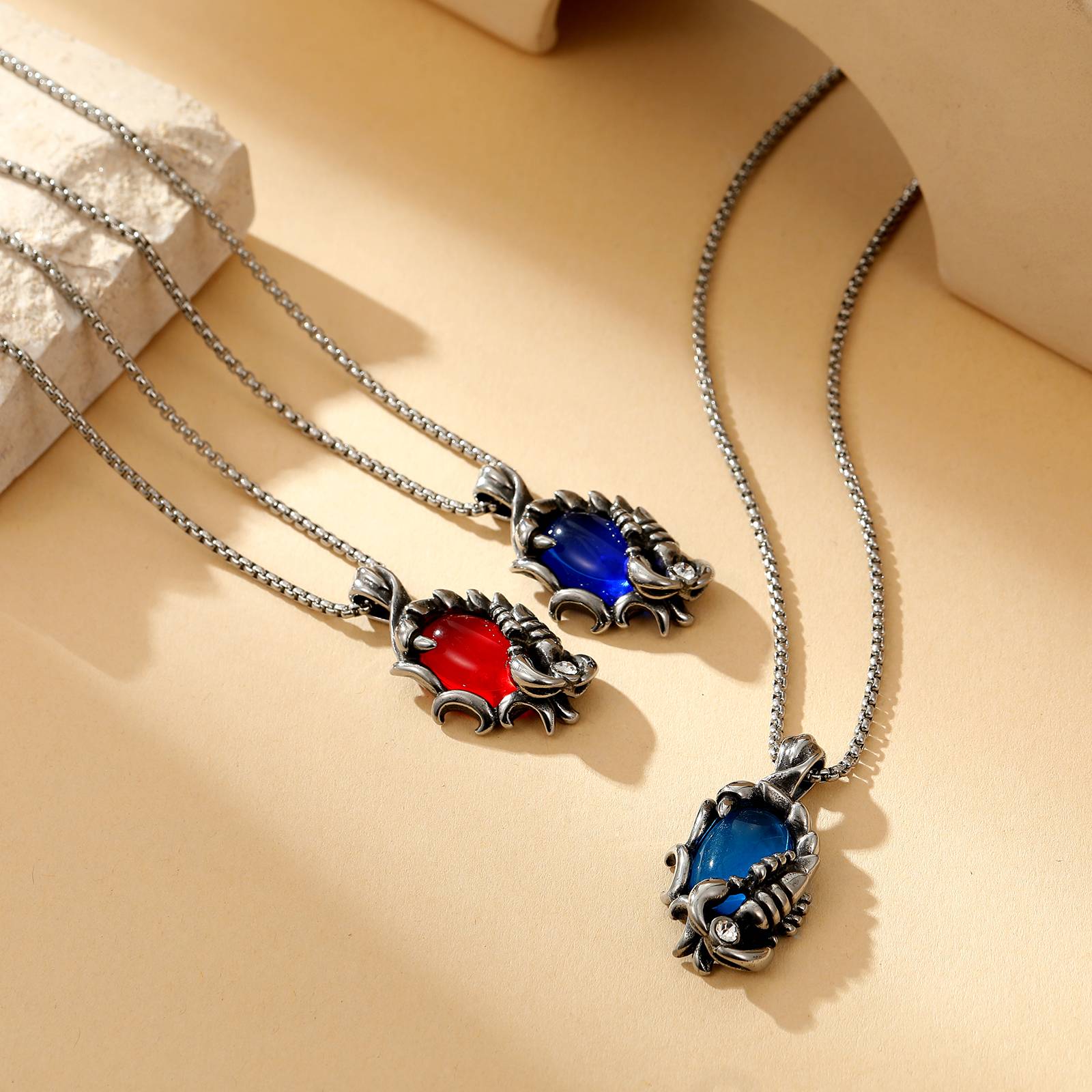 Flongo Gothic Blue and Red Scorpion Stone Pendant Necklace Men Vintage