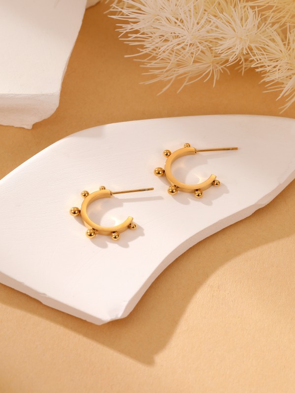 Waterproof stainless steel C-shaped bead stud earrings